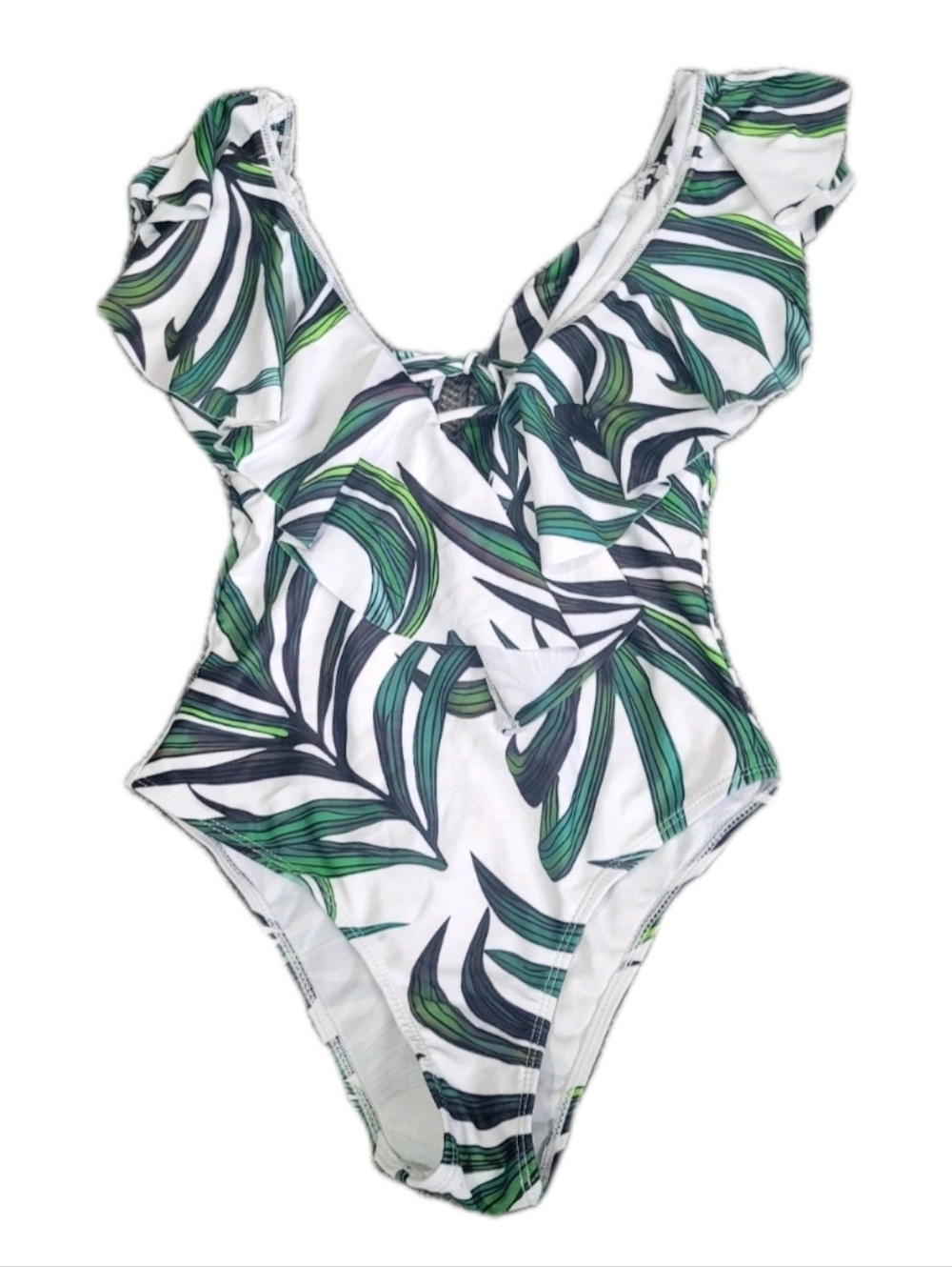 Nwot Women  White Green One-Piece Swimsuit with Green Leaf Print Sz 13